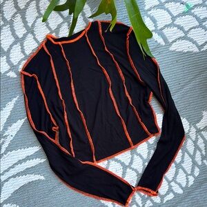 Black Long Sleeve Crop Top with Orange Details